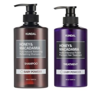 KUNDAL Honey & Macadamia Nature Shampoo + Treatment – 500ml Set – Baby Powder